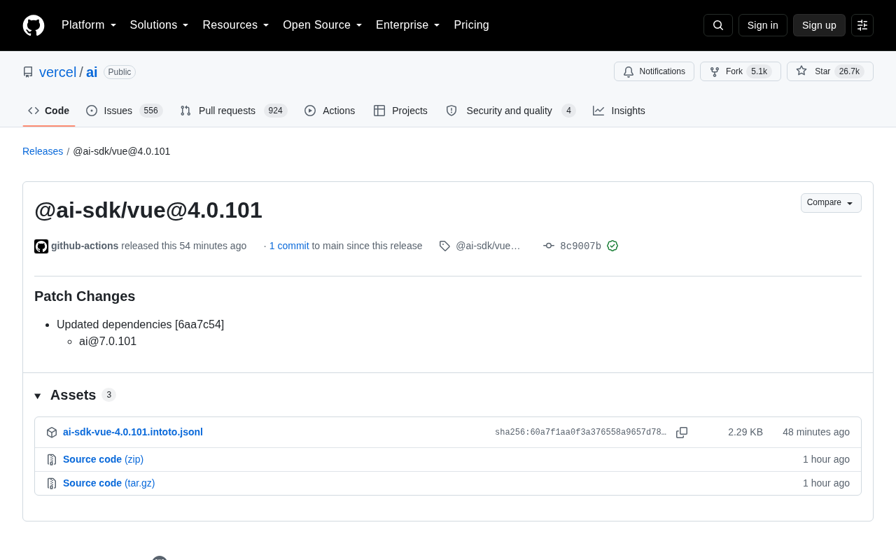 @ai-sdk/vue 4.0.101 补丁发布:Vue AI SDK 依赖更新