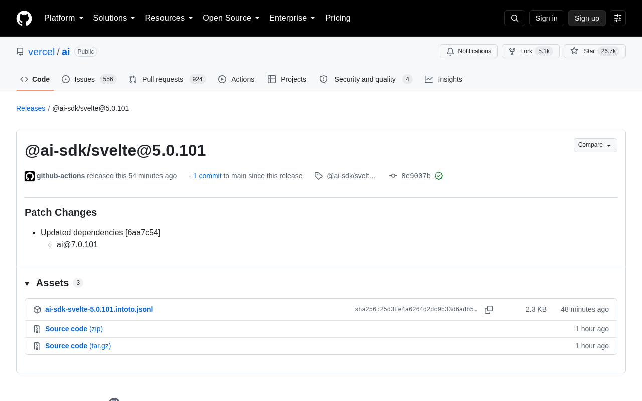 Vercel AI SDK Releases @ai-sdk/svelte 5.0.101 Patch Update