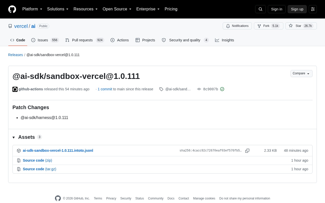 Vercel AI SDK 发布 sandbox-vercel@1.0.111 补丁更新