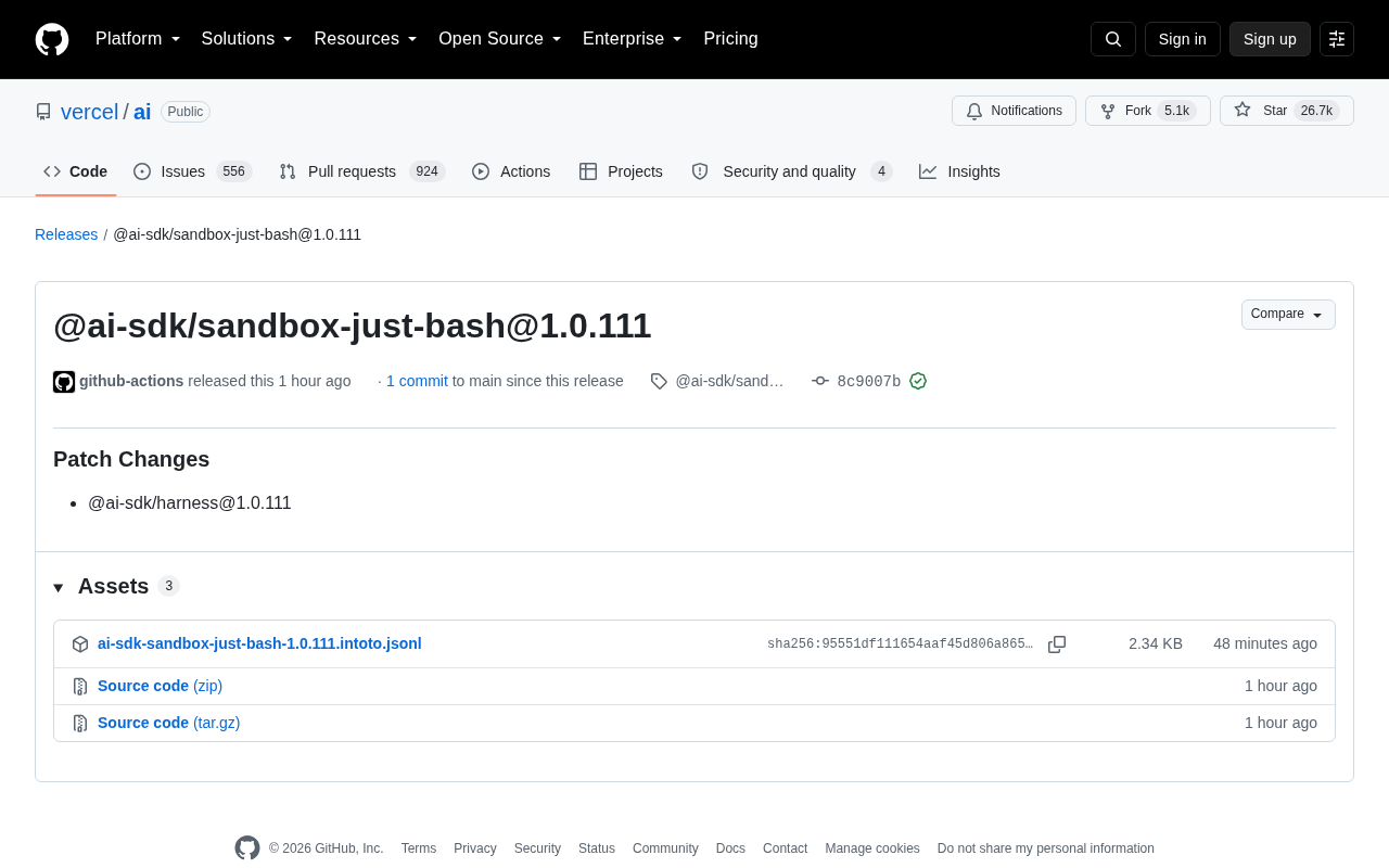 Vercel AI SDK 更新:sandbox-just-bash 组件发布补丁版本