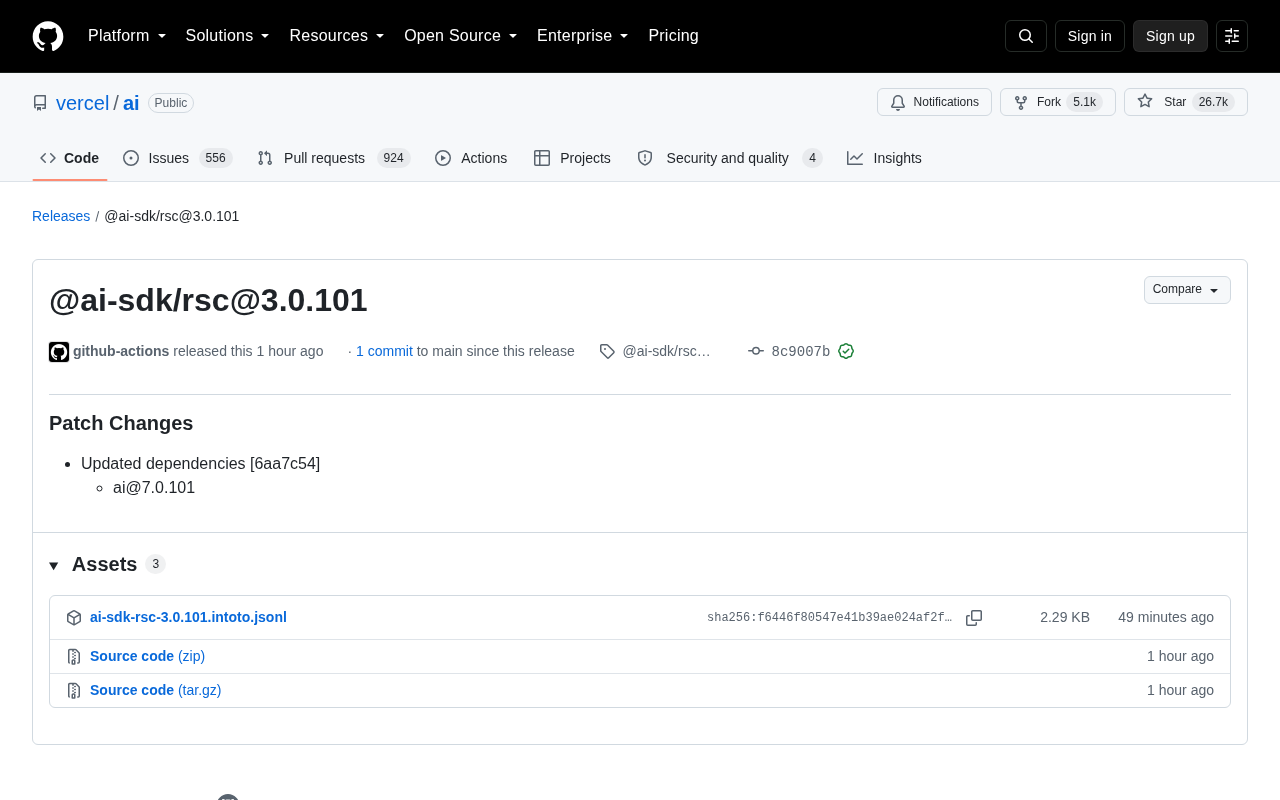 Vercel AI SDK 发布 @ai-sdk/rsc@3.0.101 补丁更新