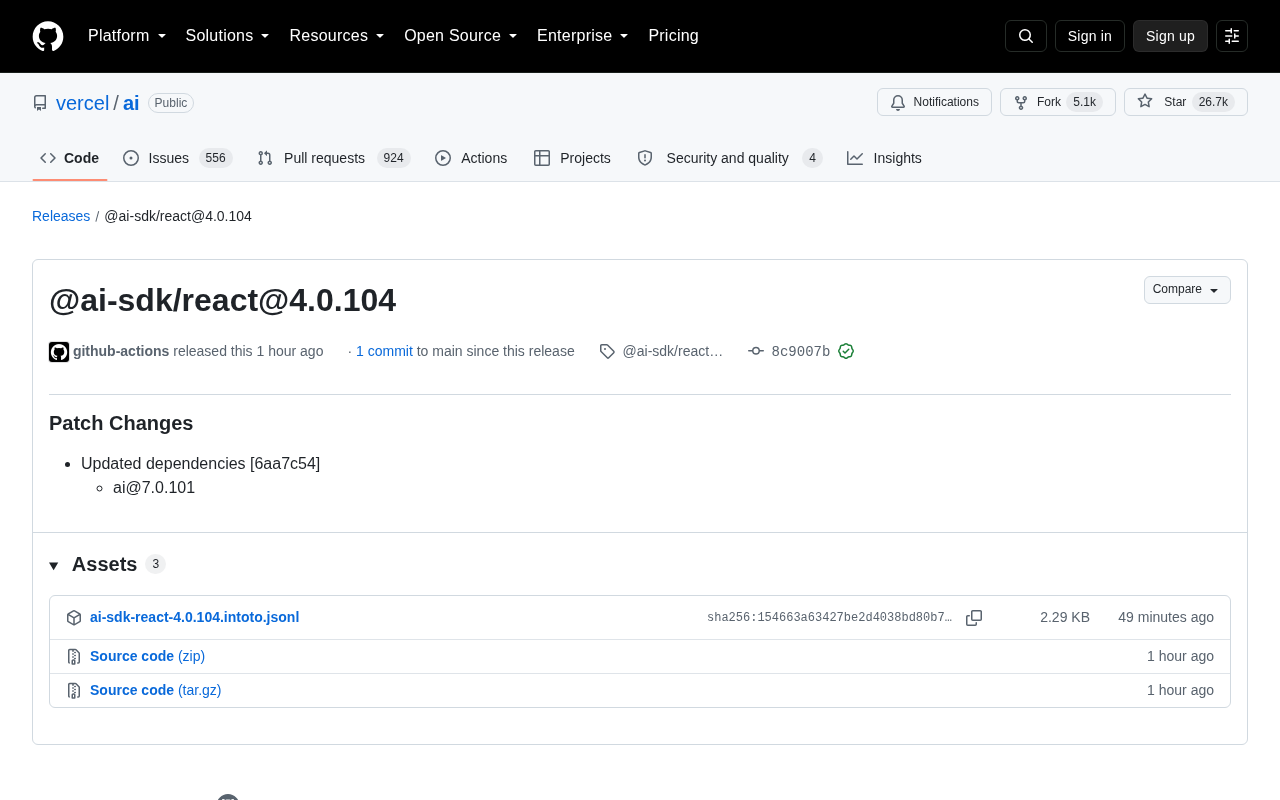 Vercel AI SDK Releases @ai-sdk/react@4.0.104 Patch Update