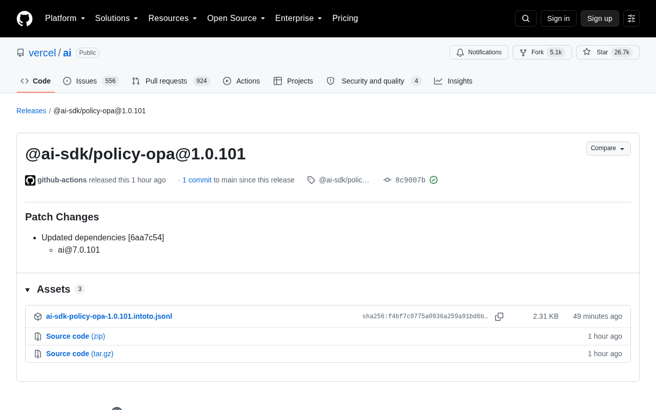 Vercel AI SDK 发布 policy-opa 1.0.101 补丁更新