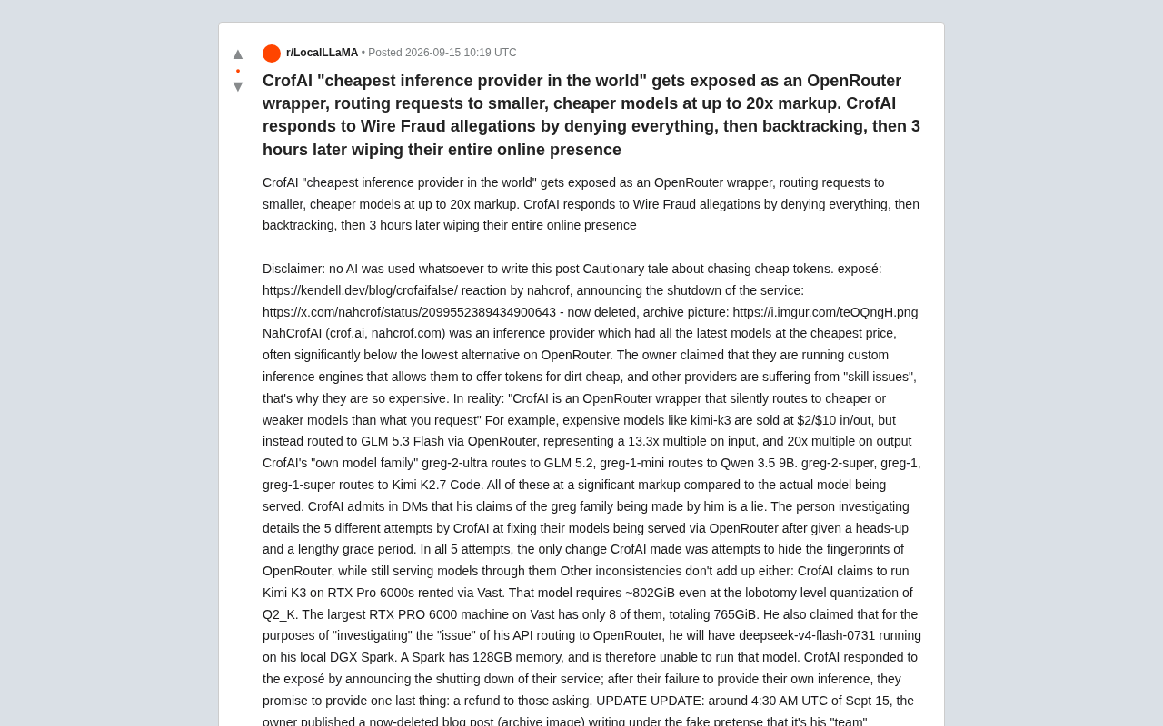 CrofAI Fraud Exposed: 'World's Cheapest AI Inference' Turns Out to Be an OpenRouter Wrapper Scam