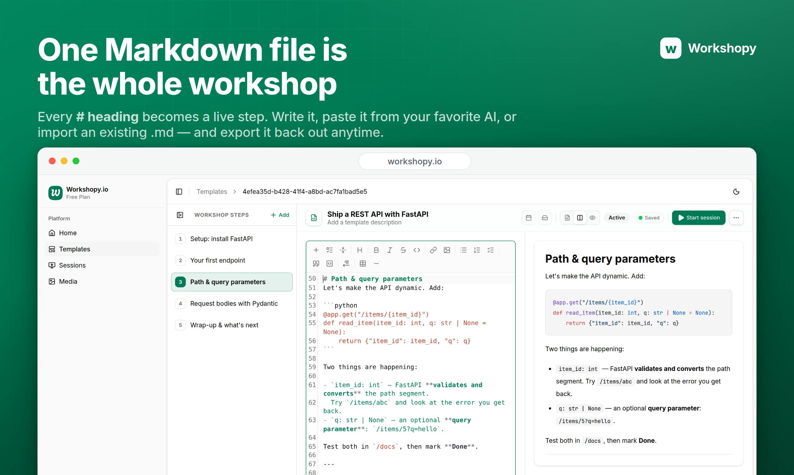 Workshopy.io: Run Trackable Live Workshops from a Single Markdown File