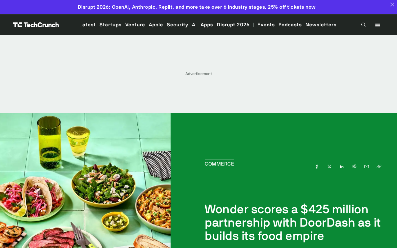 Wonder与DoorDash达成4.25亿美元合作,加速构建餐饮帝国