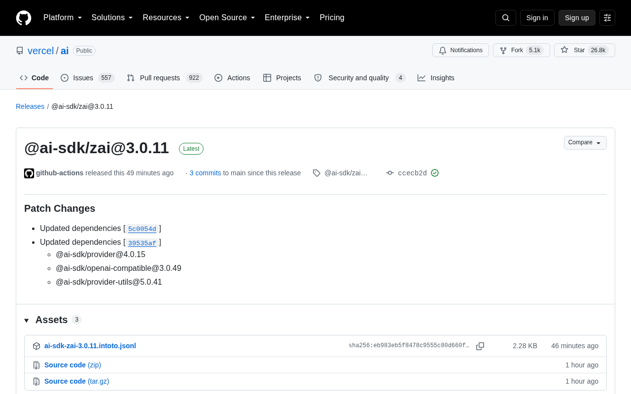 Vercel AI SDK Releases @ai-sdk/zai@3.0.11 Patch Update