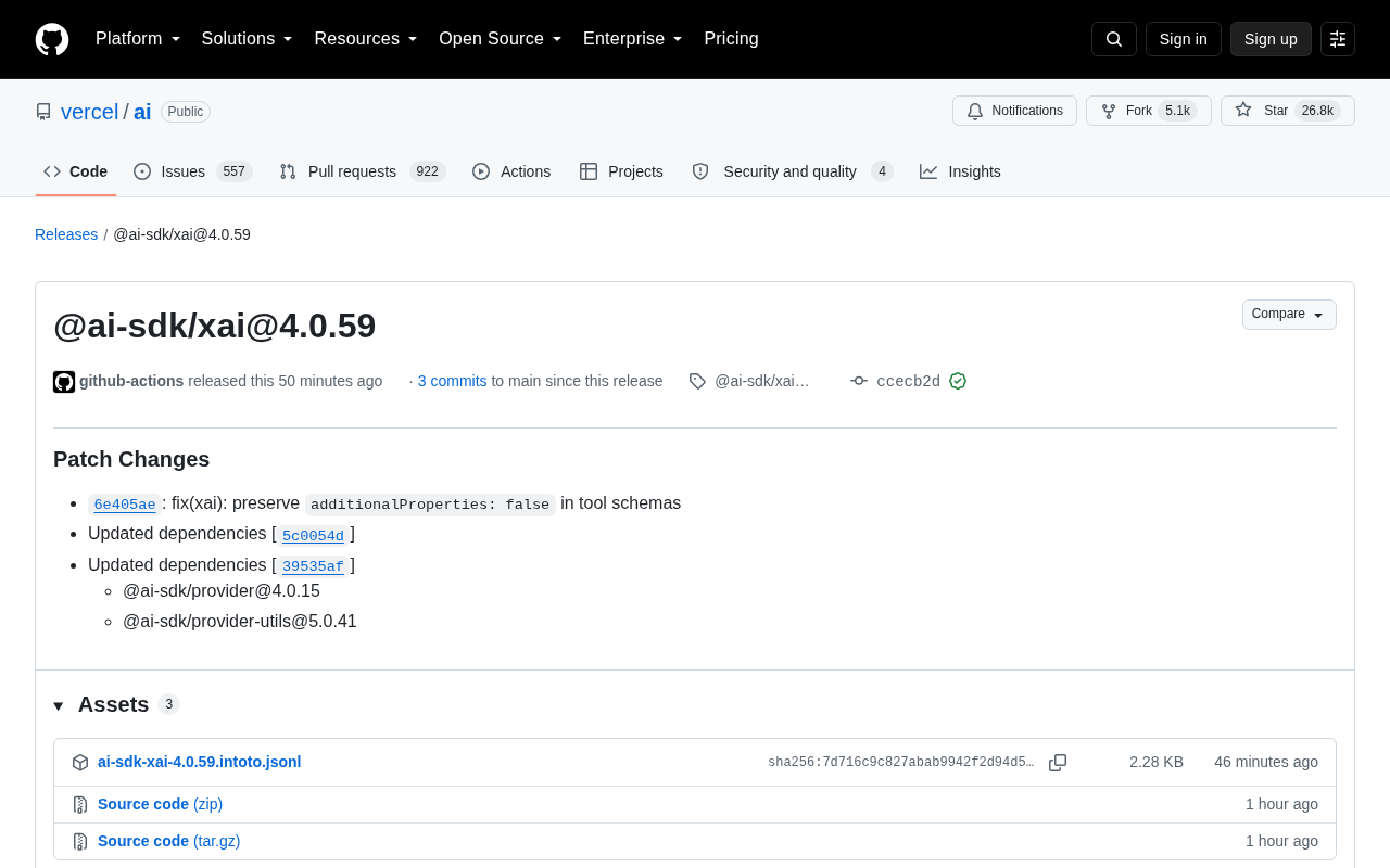 Vercel AI SDK 发布 @ai-sdk/xai 4.0.59 补丁更新