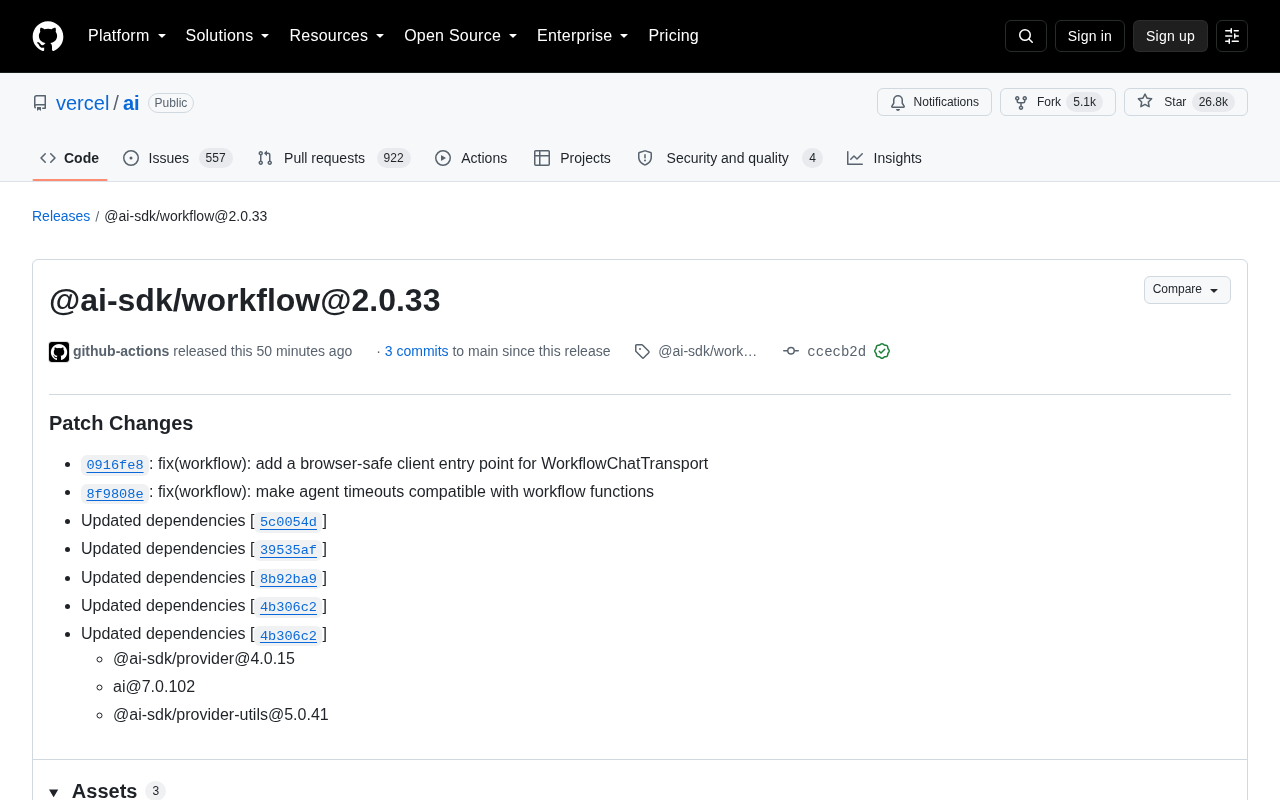 Vercel AI SDK Releases @ai-sdk/workflow 2.0.33 Patch Update