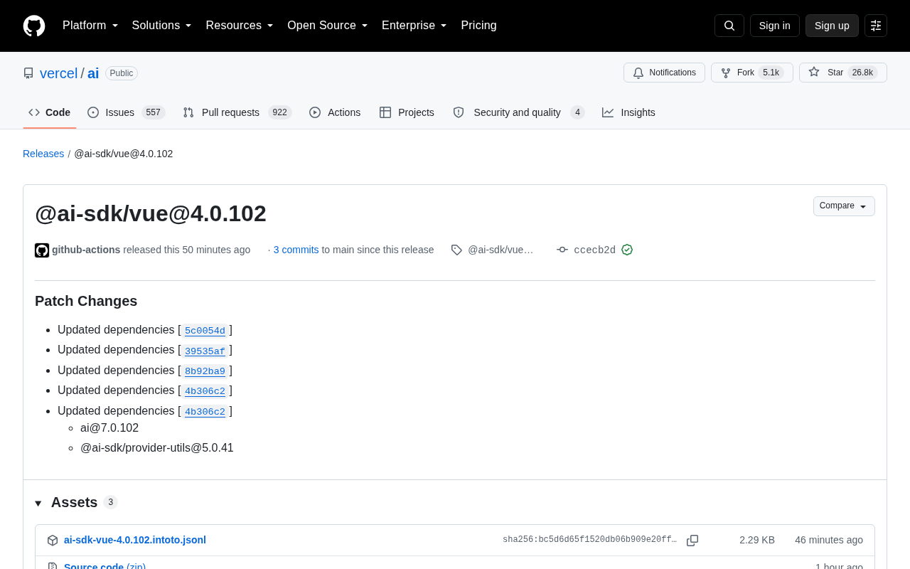Vercel AI SDK Vue 4.0.102 发布:依赖更新与补丁修复