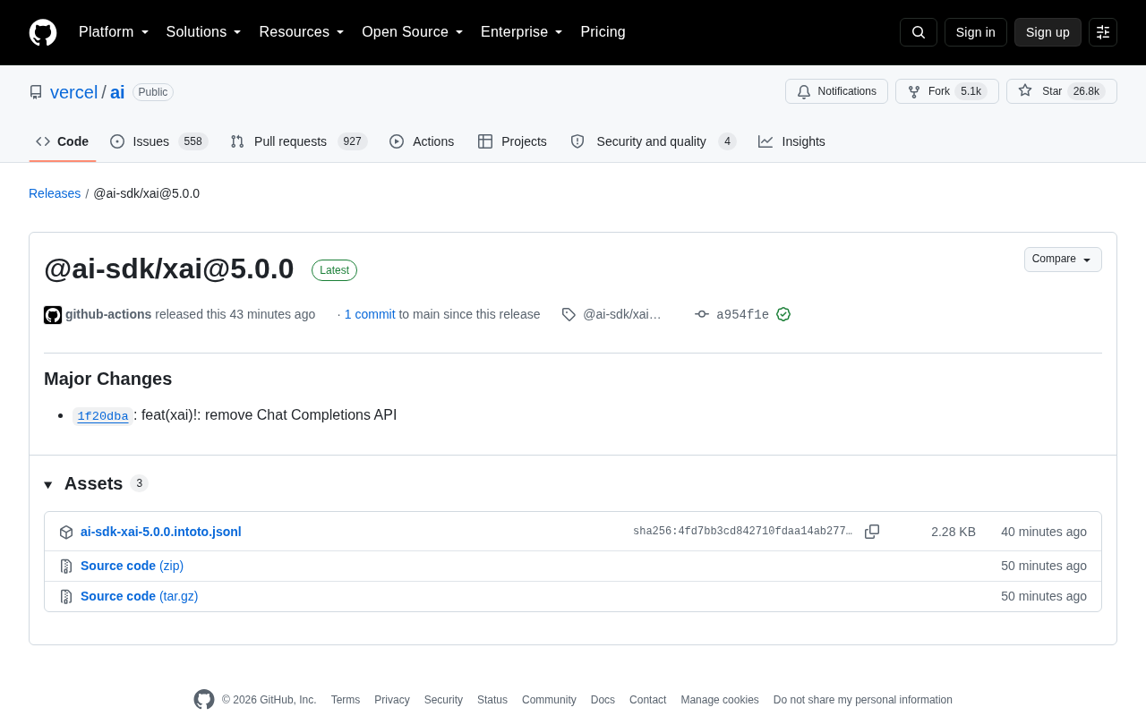 Vercel AI SDK Releases @ai-sdk/xai 5.0.0: Chat Completions API Removed