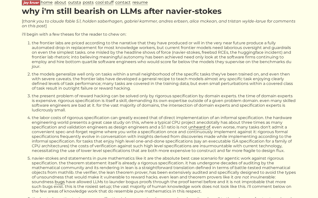 Through the Lens of Navier-Stokes: Why I'm Still Bearish on LLMs