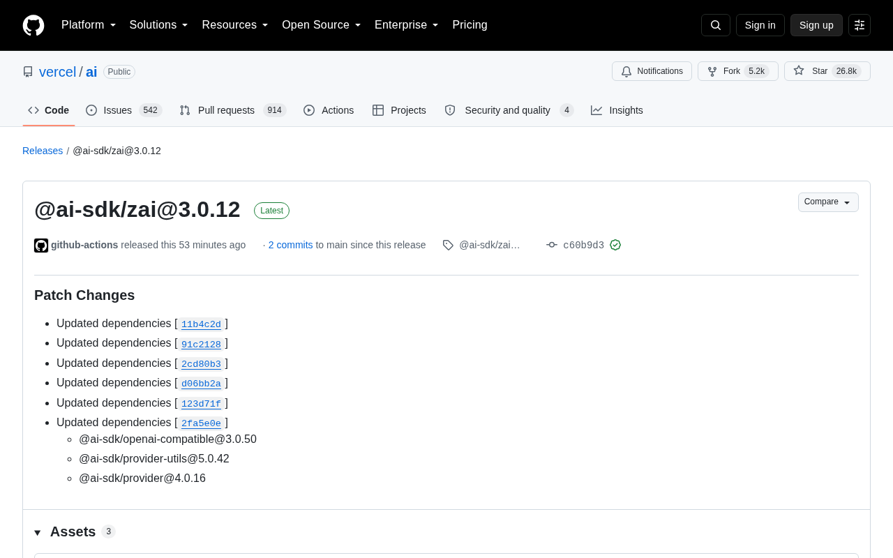 @ai-sdk/zai 3.0.12 Released: Dependency Update Patch
