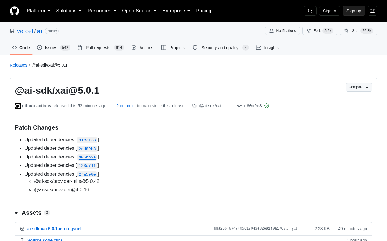 @ai-sdk/xai@5.0.1 发布:依赖更新的补丁版本