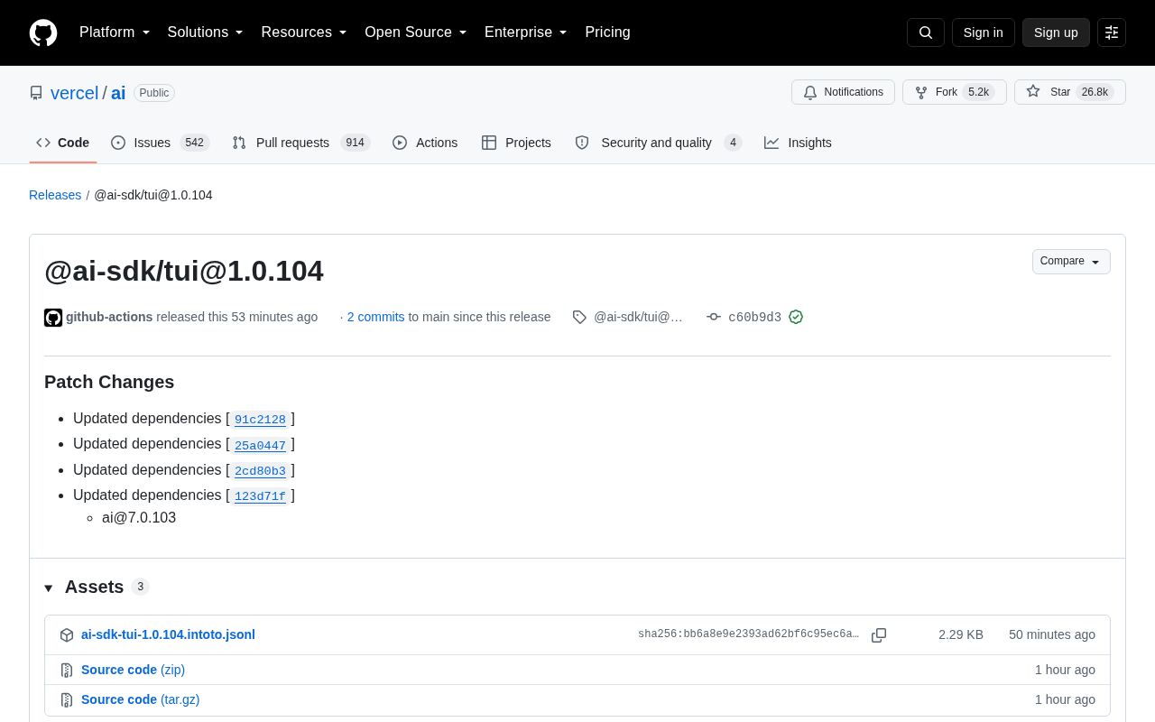 @ai-sdk/tui@1.0.104 Released: Vercel AI SDK Dependency Update