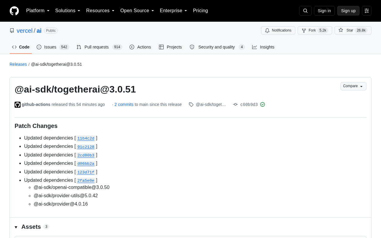 Vercel AI SDK 发布 @ai-sdk/togetherai@3.0.51 补丁更新