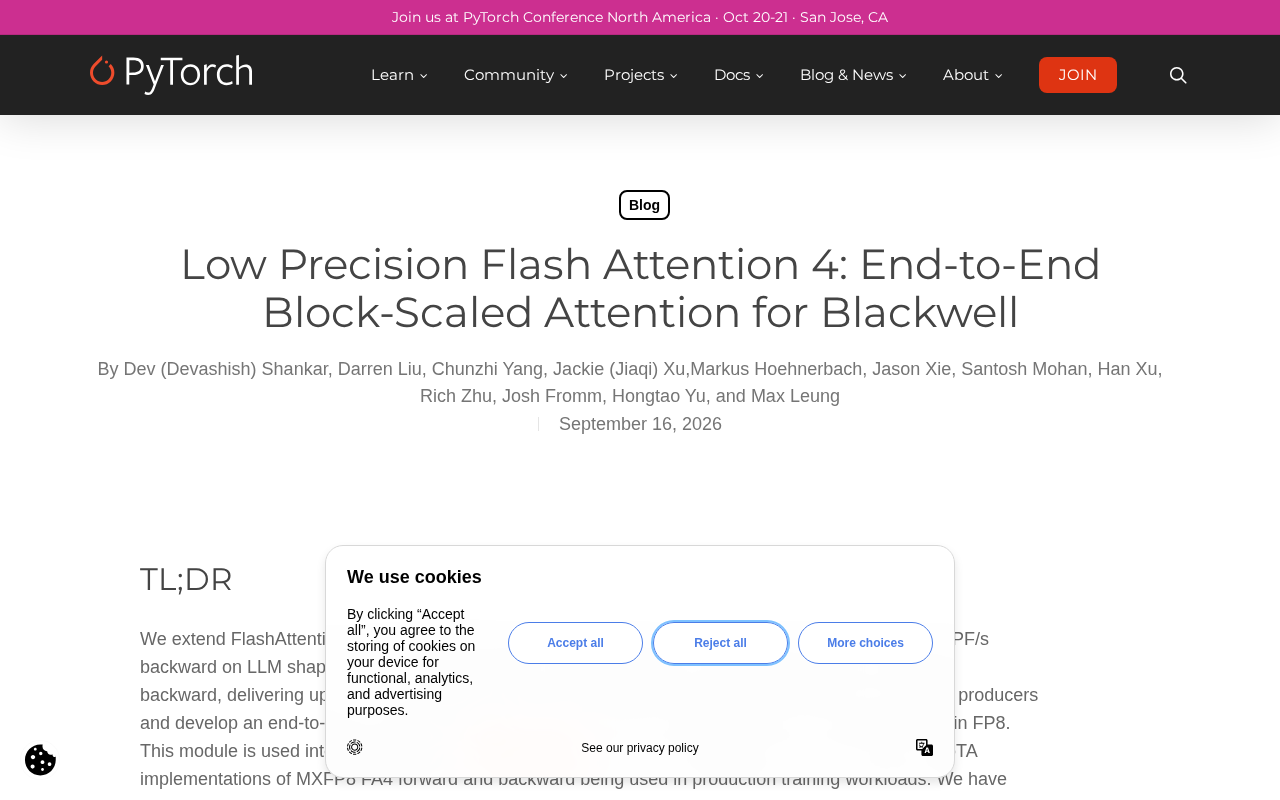 Low-Precision FlashAttention-4: End-to-End Block-Scaled Attention on Blackwell
