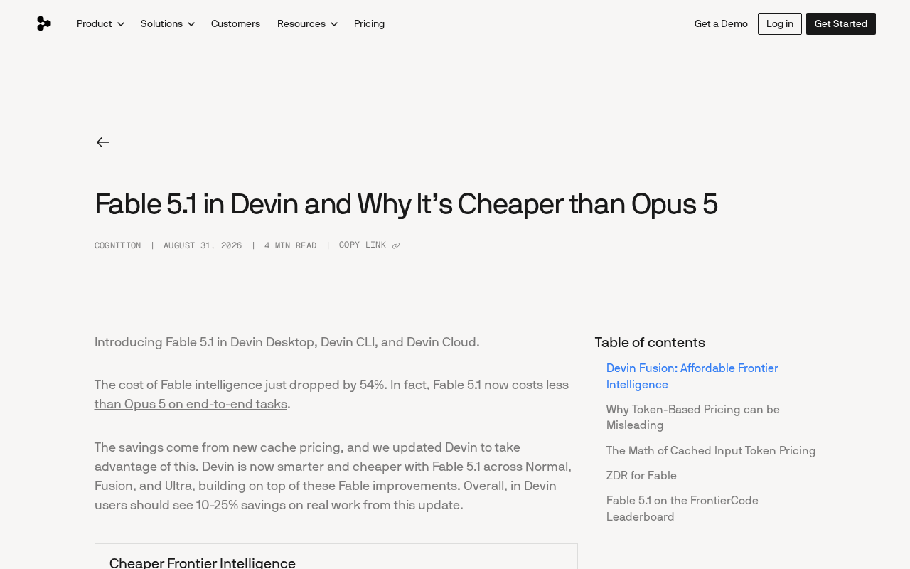 Devin 集成 Fable 5.1:成本降54%,比 Opus 更便宜