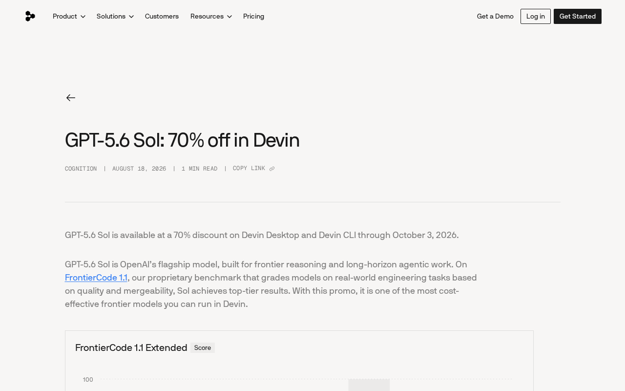 GPT-5.6 Sol Comes to Devin: 30% Off Limited-Time Discount Drives AI Coding Costs Down