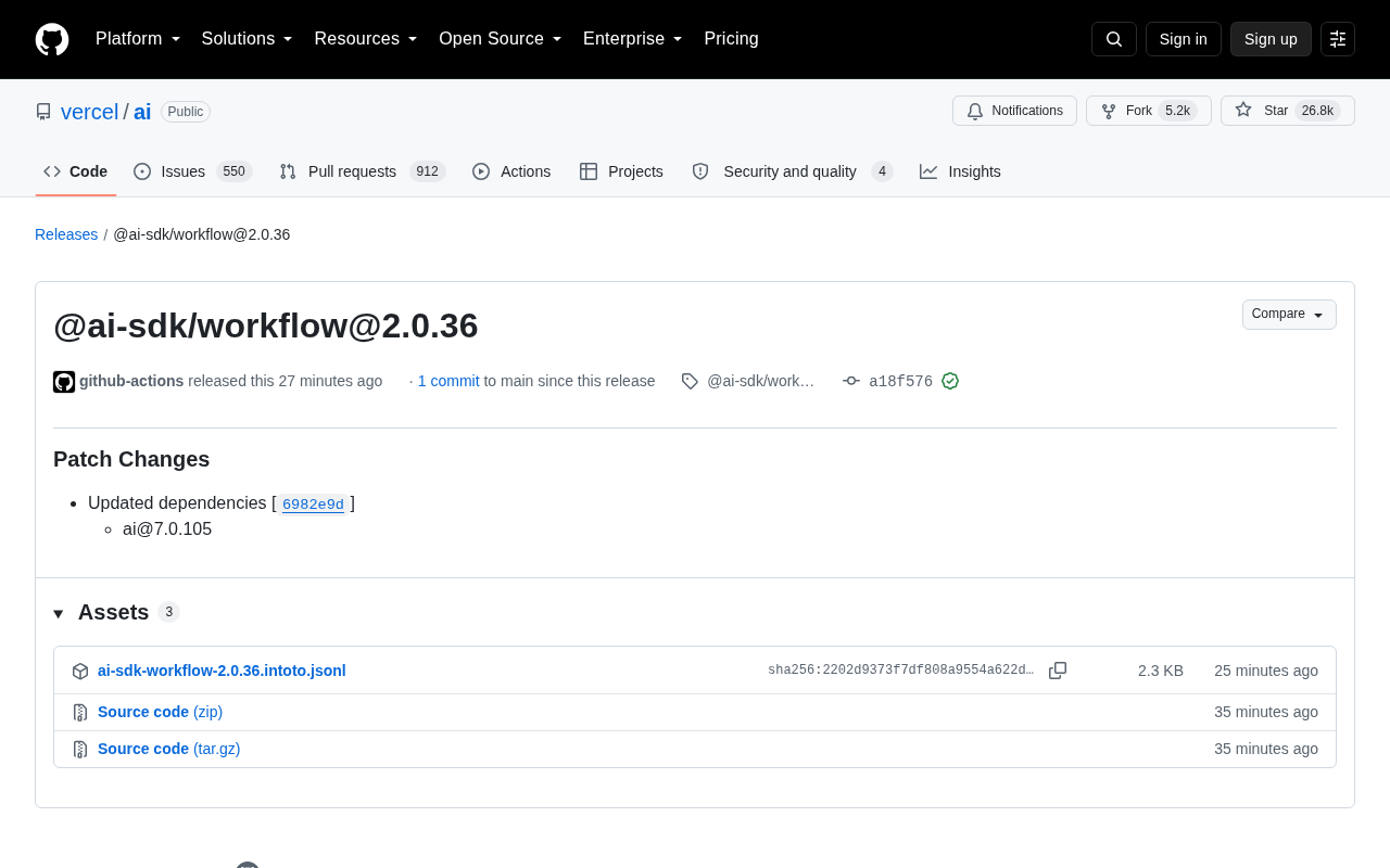 Vercel AI SDK Releases @ai-sdk/workflow 2.0.36 Patch Update
