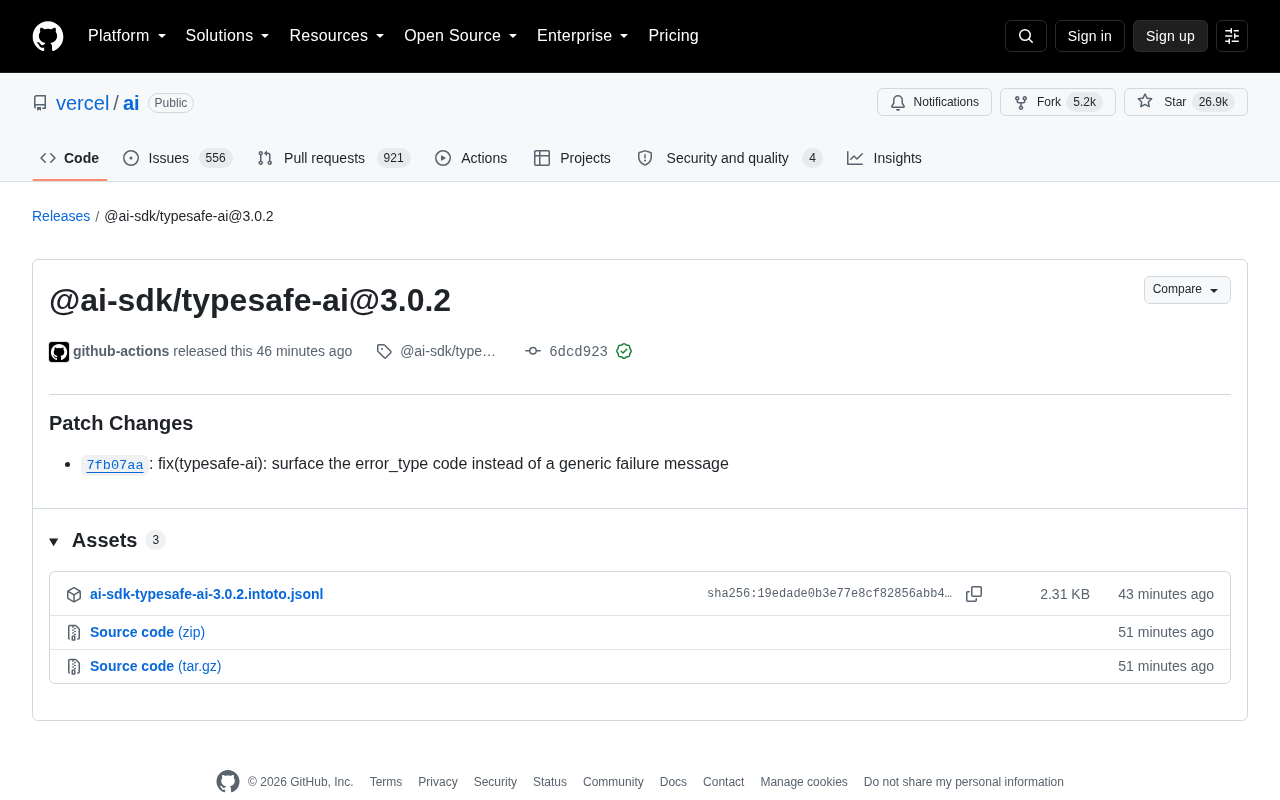 Vercel AI SDK Releases typesafe-ai 3.0.2 Patch Update