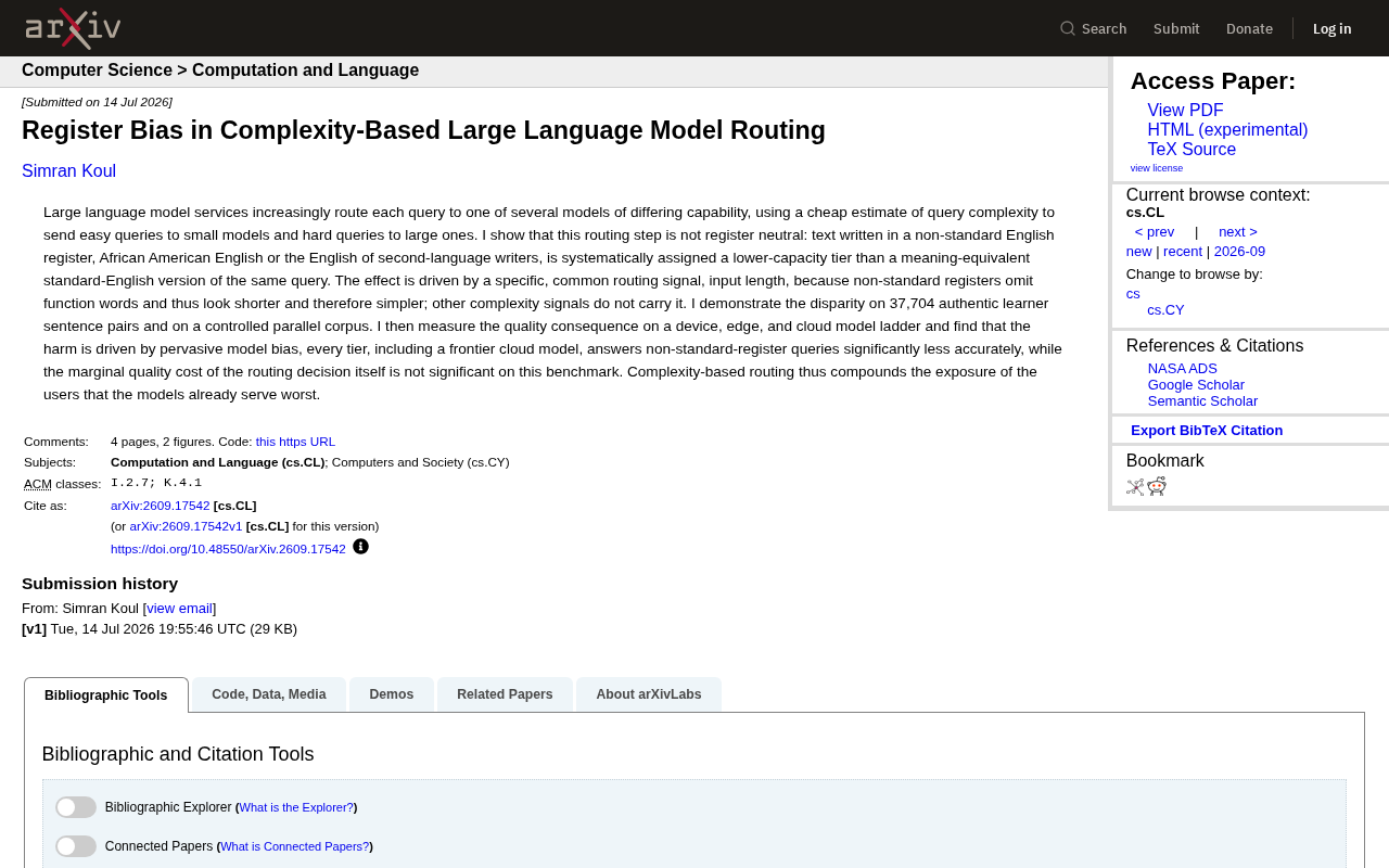Register Bias in Complexity-Based Large Language Model Routing