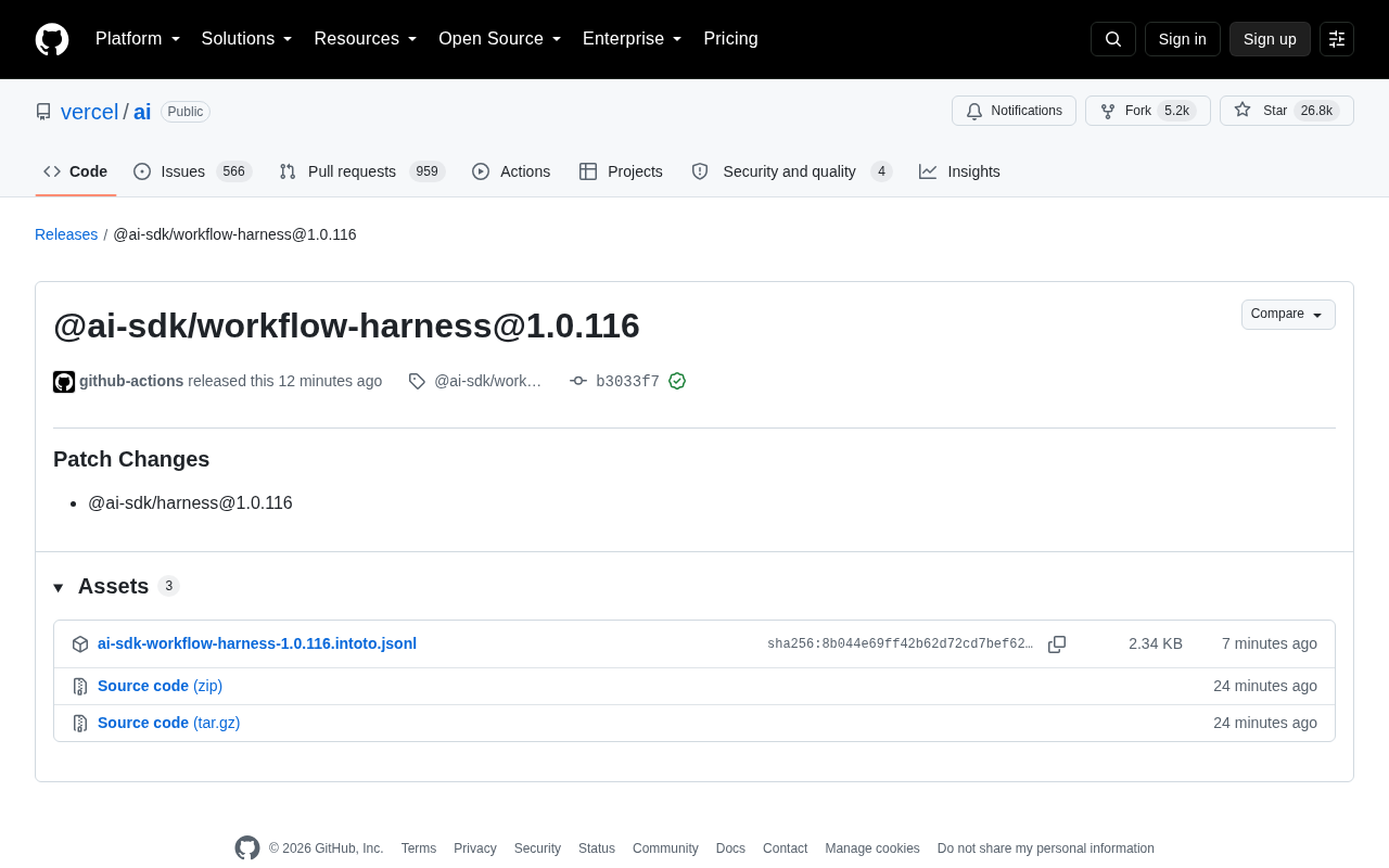 Vercel AI SDK 发布 workflow-harness 1.0.116 补丁更新