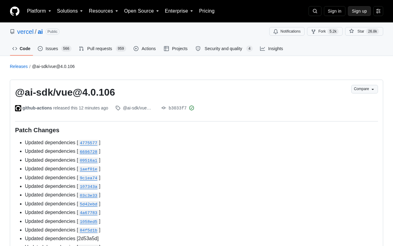 @ai-sdk/vue@4.0.106 Released: Dependency Updates and Patch Fixes