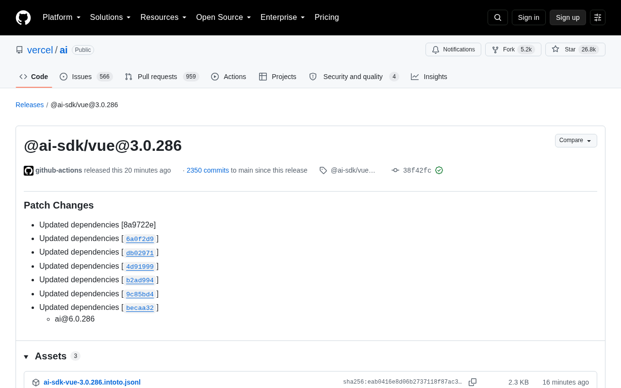 Vercel AI SDK Vue 3.0.286 发布:依赖更新与补丁修复