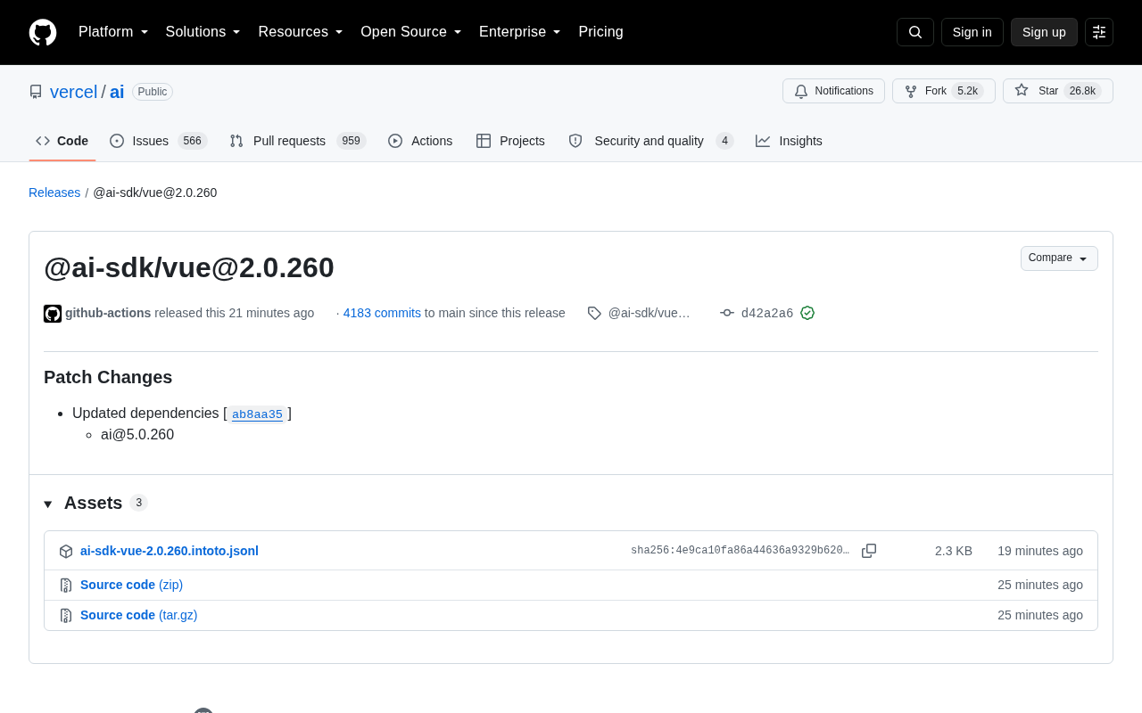 Vercel AI SDK Vue release page