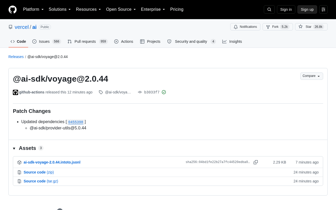 @ai-sdk/voyage 2.0.44 发布:依赖更新的补丁版本