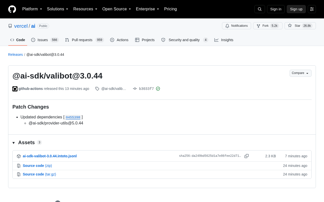 @ai-sdk/valibot 3.0.44 发布:依赖更新的补丁版本