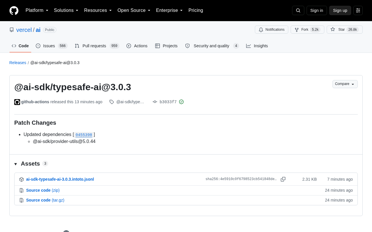 Vercel AI SDK typesafe-ai 3.0.3 release page