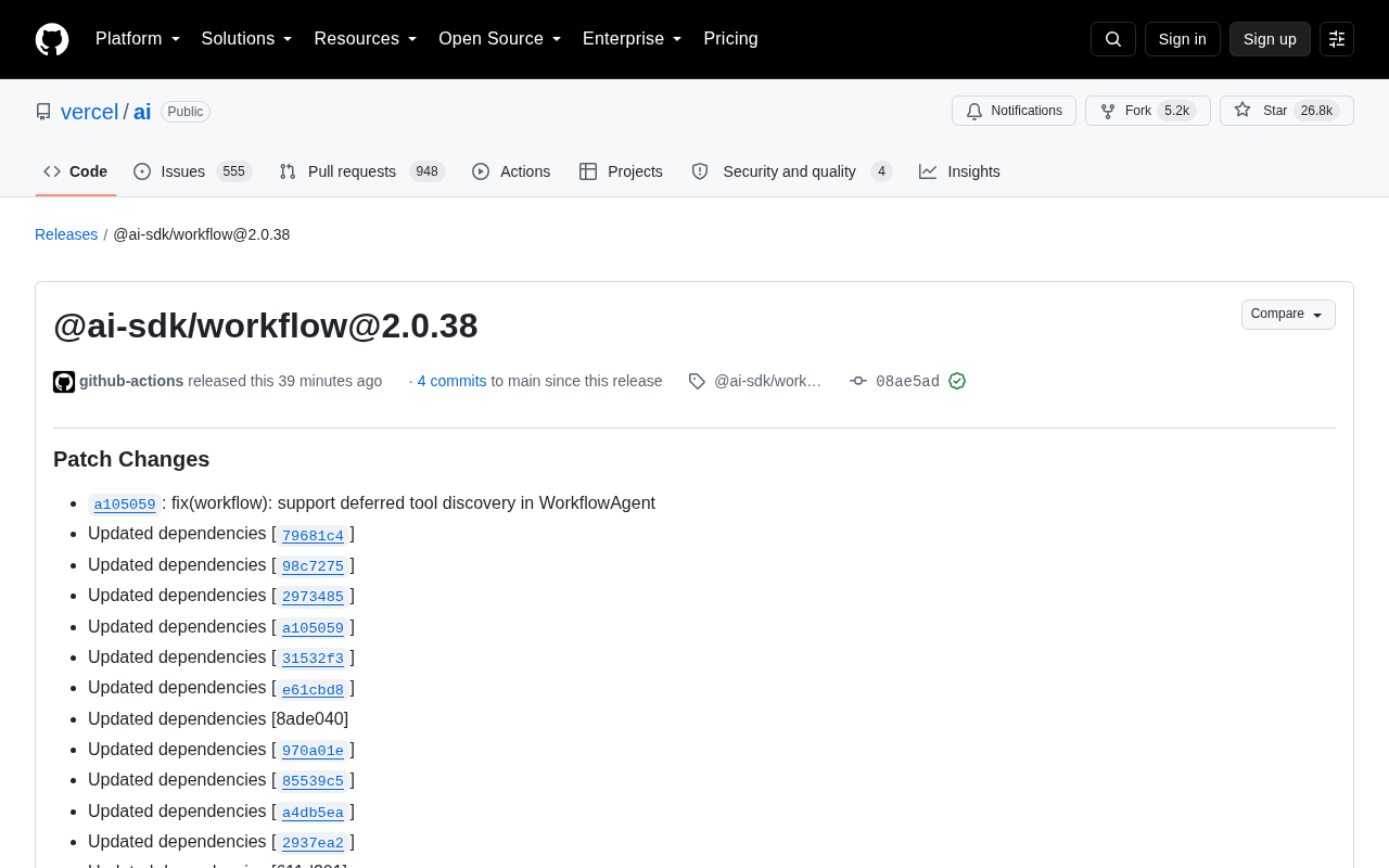 Vercel AI SDK Releases @ai-sdk/workflow 2.0.38: Fix for Deferred Tool Discovery
