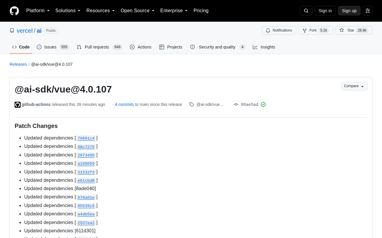 @ai-sdk/vue 4.0.107 Released: Vercel AI SDK Dependency Sync Update