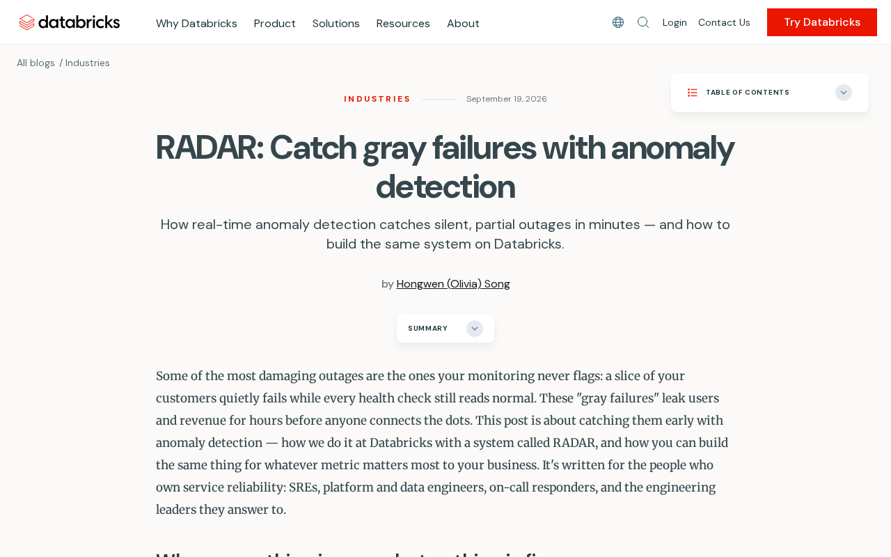RADAR: Catching Elusive Gray Failures with Anomaly Detection
