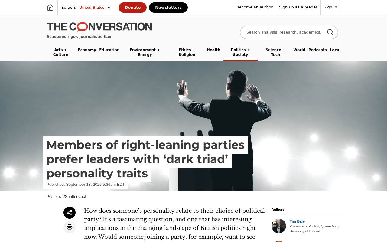 Study: Members of Right-Wing Parties Show Greater Preference for Leaders with 'Dark Triad' Personality Traits