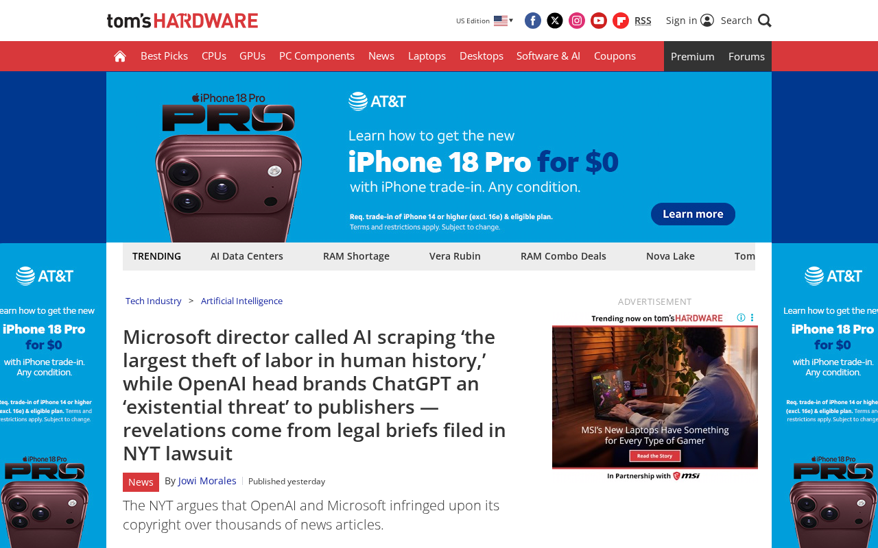Microsoft Director Calls AI Data Scraping 'The Largest Theft of Labor in Human History'