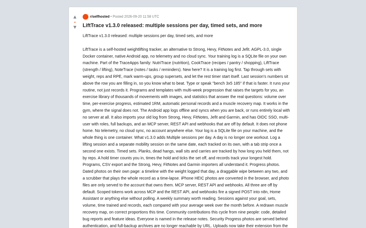 LiftTrace v1.3.0发布:自托管健身追踪器的隐私优先实践