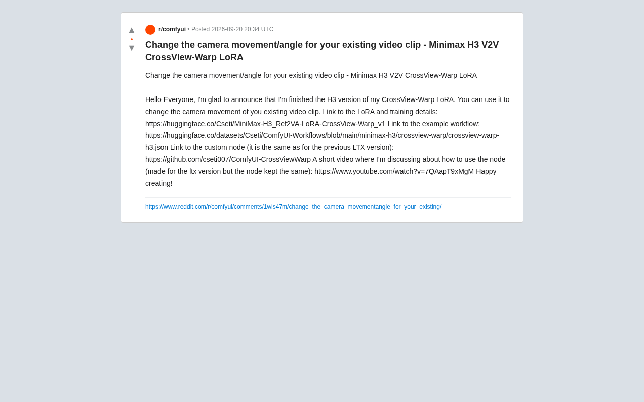 MiniMax H3 CrossView-Warp LoRA: Change Camera Movement and Perspective in Existing Videos