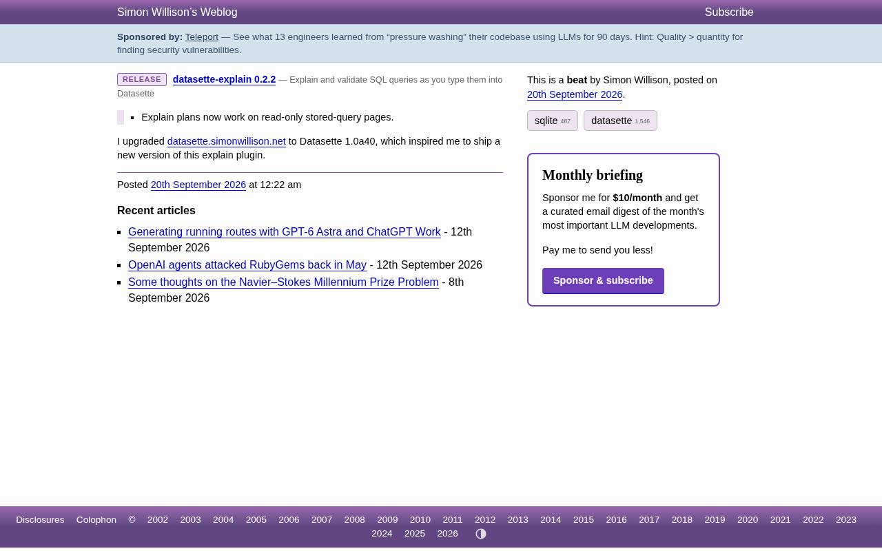 datasette-explain 0.2.2 Released: EXPLAIN Plans Now Work on Read-Only Stored Query Pages