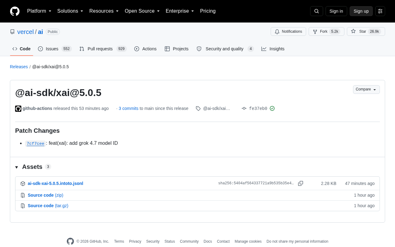 Vercel AI SDK 发布 @ai-sdk/xai 5.0.5:新增 Grok 4.7 模型支持