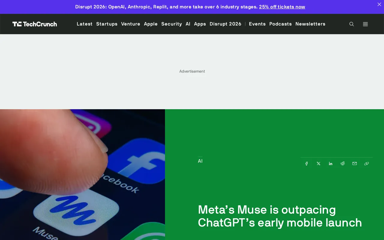 Meta旗下Muse下载增速超越ChatGPT早期移动版