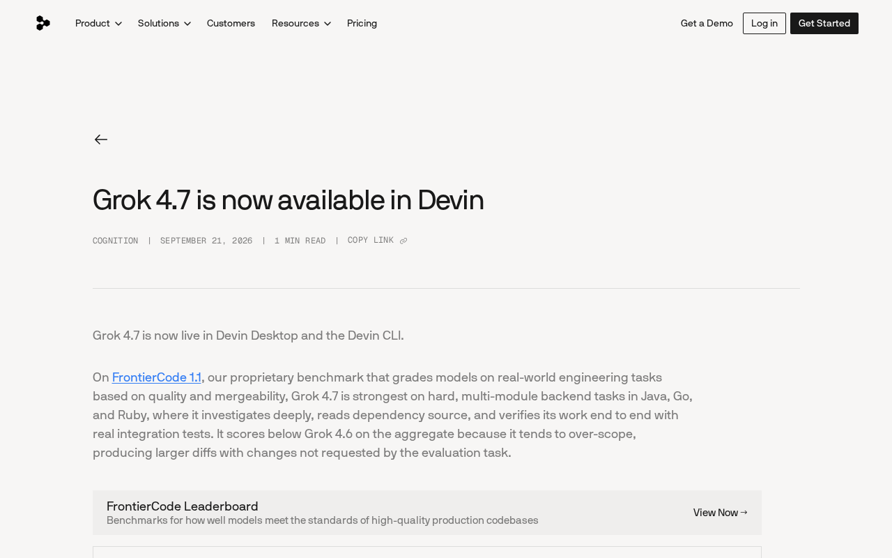 Grok 4.7 登陆 Devin:后端硬核任务表现突出