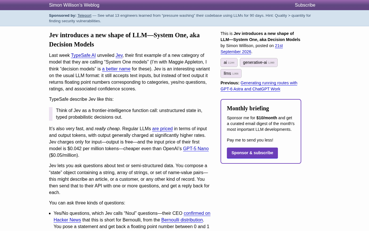 Jev and System One Models: The New LLM Paradigm Called "Decision Models"