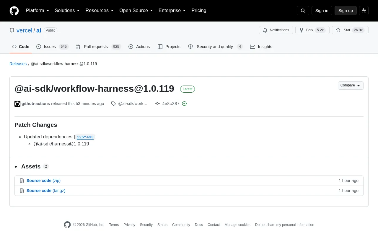 Vercel AI SDK Releases workflow-harness 1.0.119 Patch Update