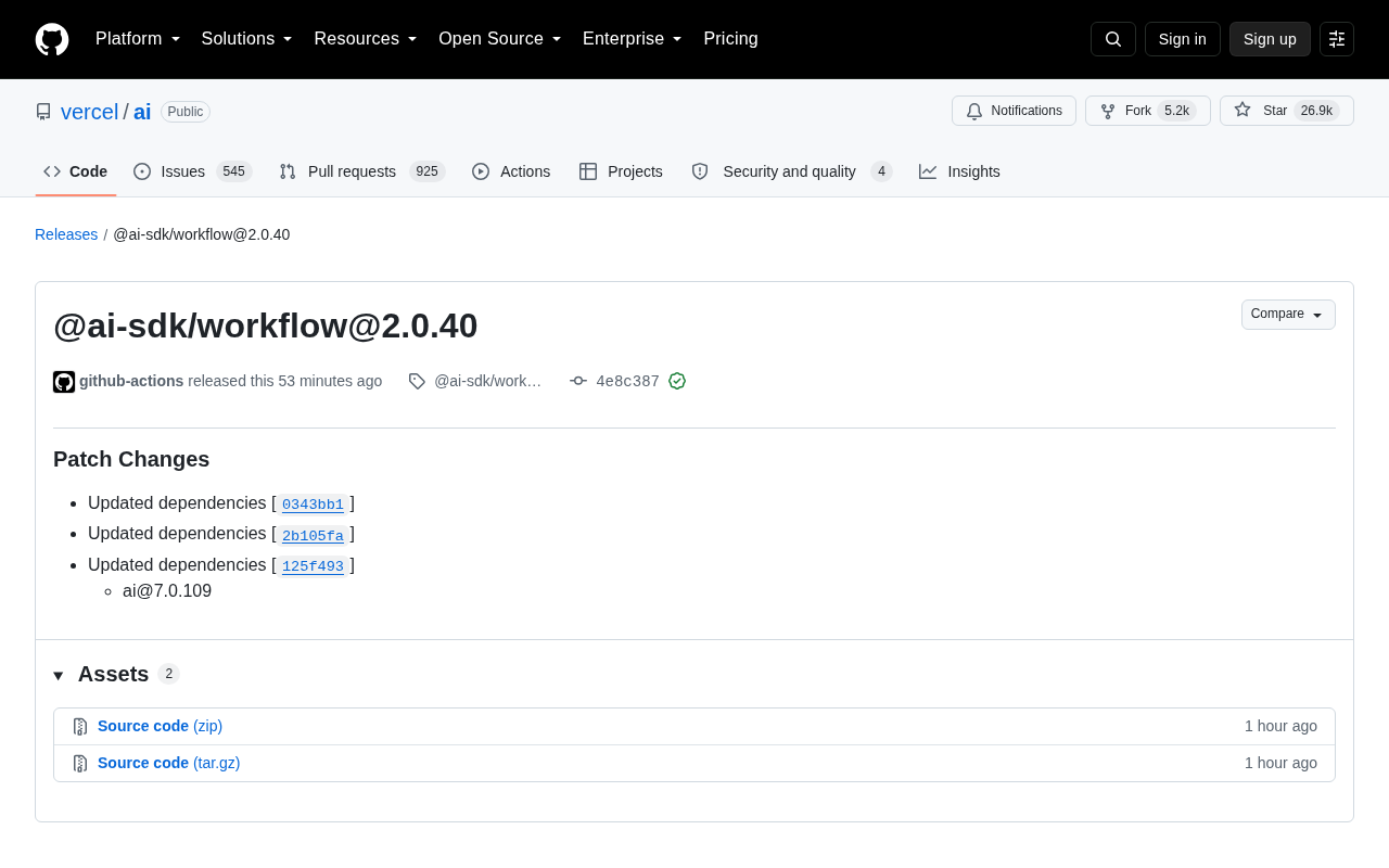 Vercel AI SDK Update: @ai-sdk/workflow@2.0.40 Release Notes