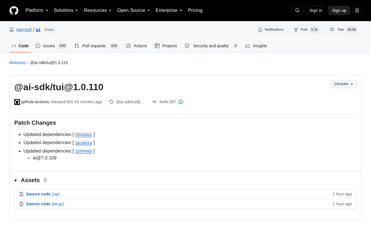 Vercel AI SDK Releases @ai-sdk/tui 1.0.110 Patch Update