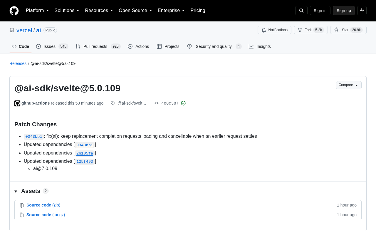 Vercel AI SDK Svelte 5.0.109 Released: Fixes Completion Request Cancellation Issue