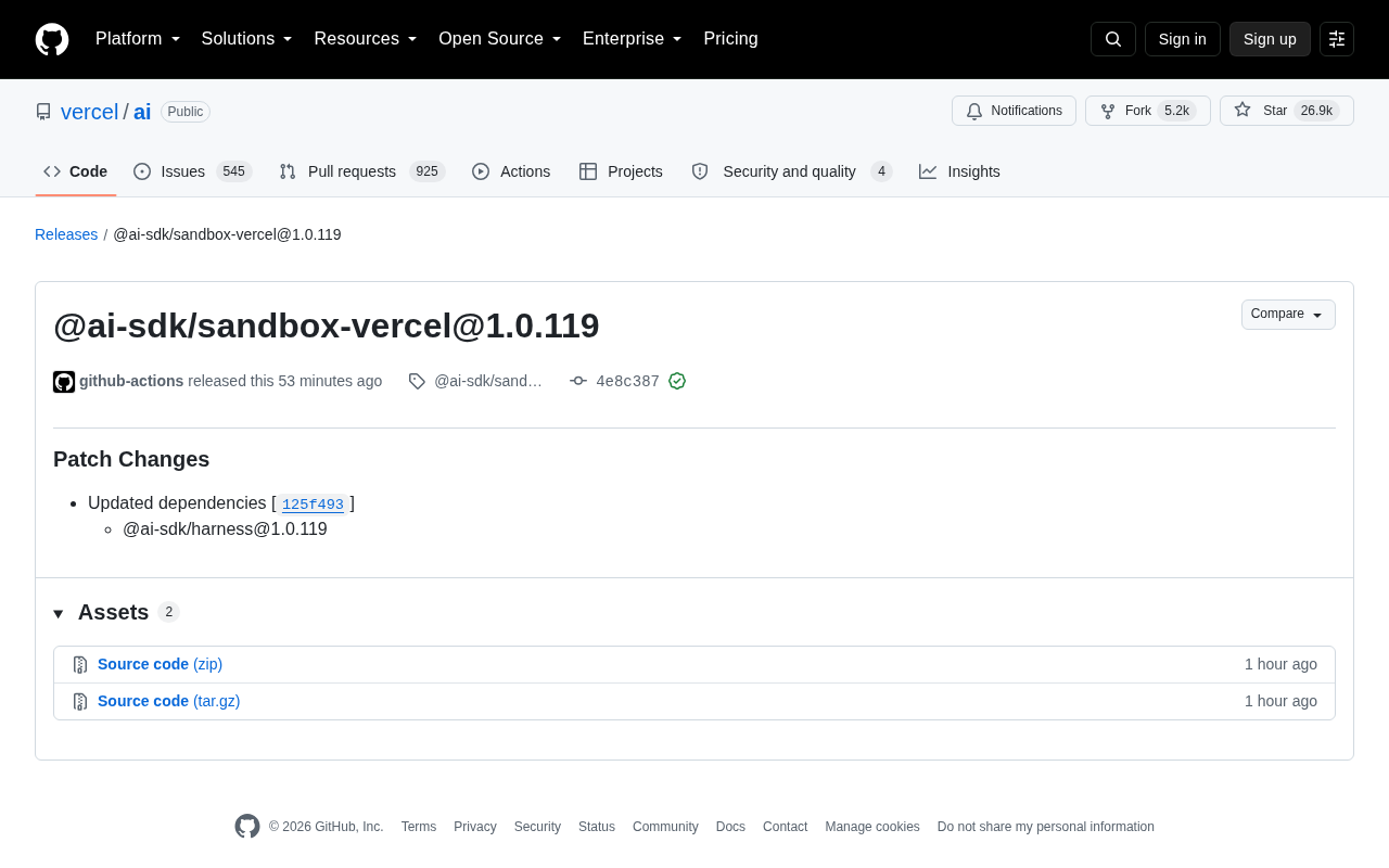 Vercel AI SDK Releases sandbox-vercel@1.0.119 Patch Update
